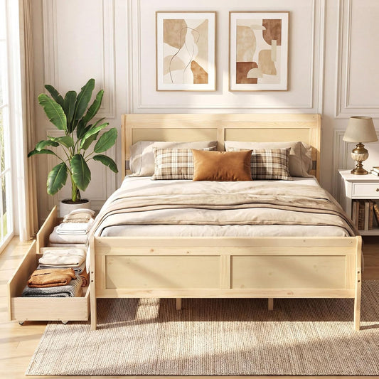 GoShipFurniture Solid Wood Platform Storage Bed – Dual Drawer Design