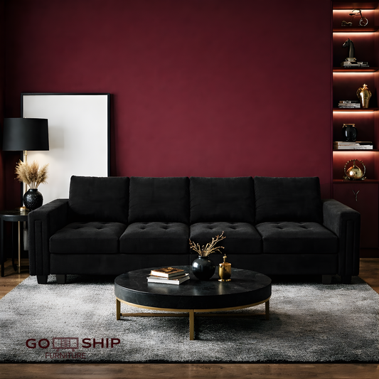 Black Velvet 4-Seater Sectional Sofa — Contemporary Modular Living Room Collection