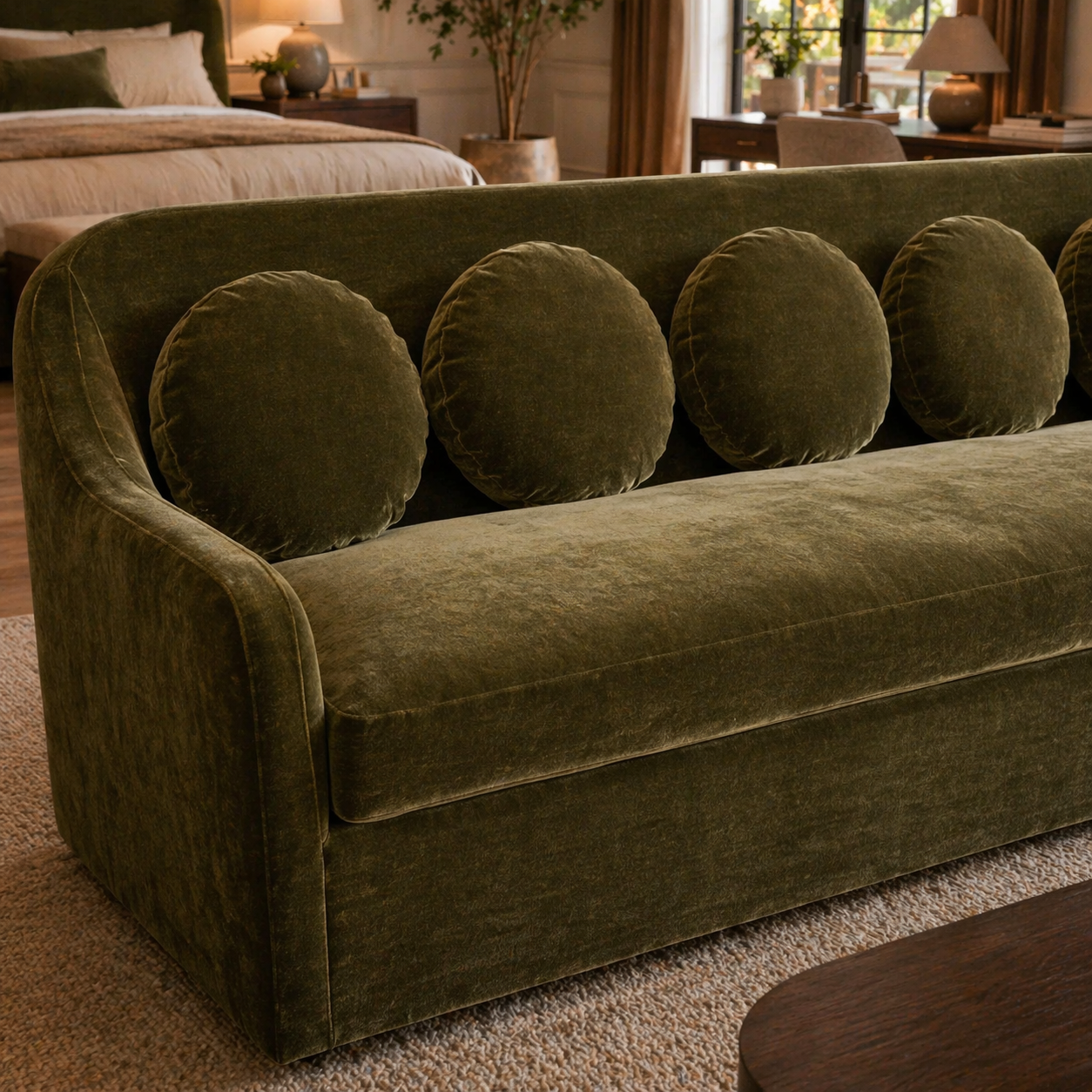 GoShipFurniture Upholstered Sofa – Curved Arm, Olive Green