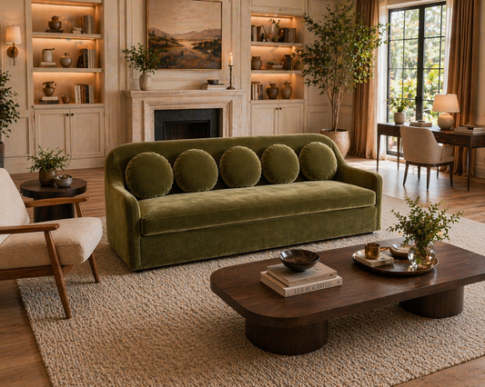 GoShipFurniture Upholstered Sofa – Curved Arm, Olive Green