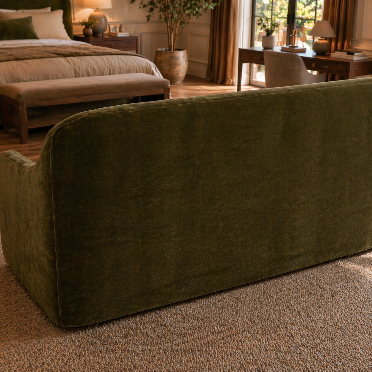 GoShipFurniture Upholstered Sofa – Curved Arm, Olive Green
