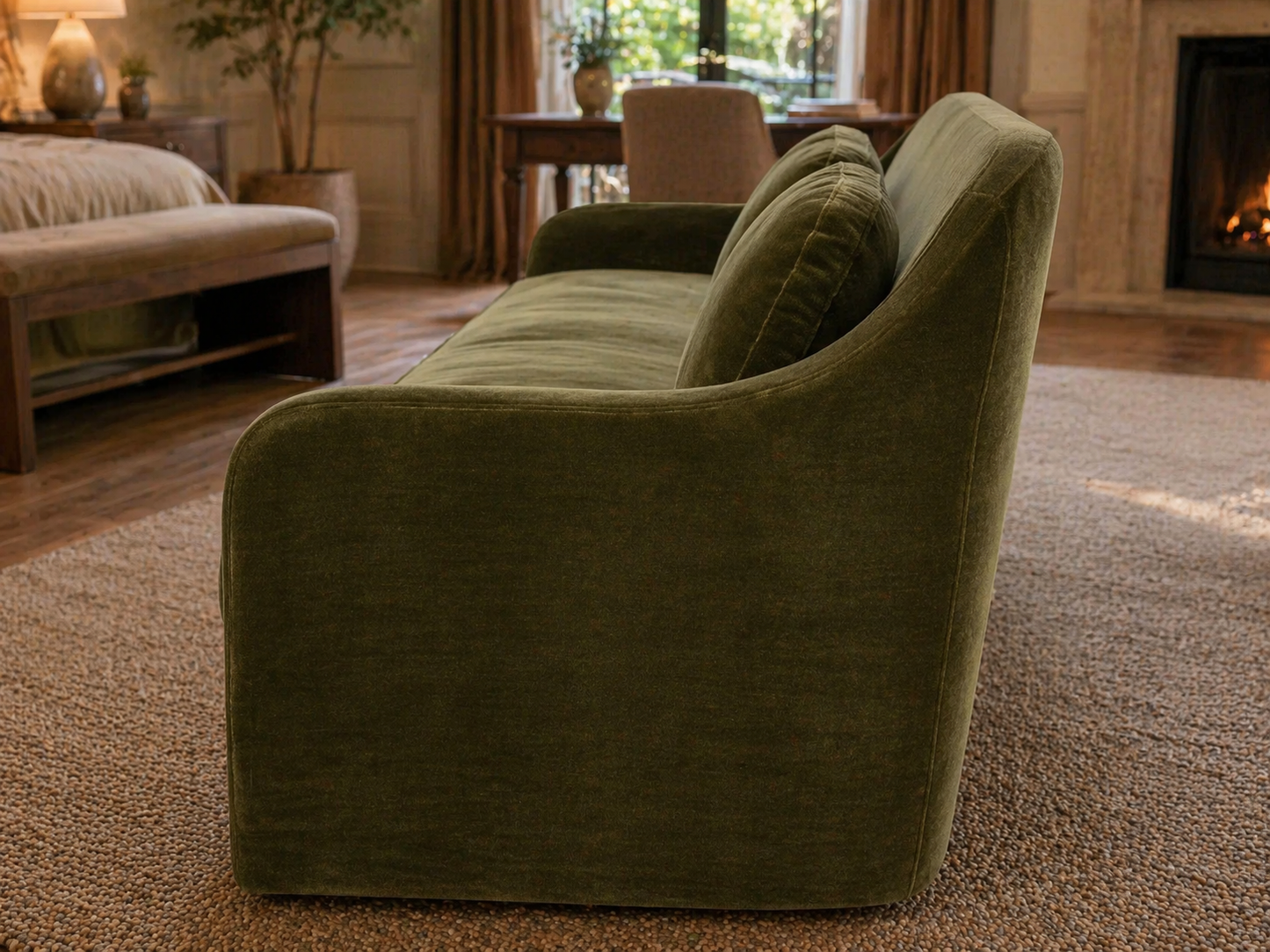 GoShipFurniture Upholstered Sofa – Curved Arm, Olive Green