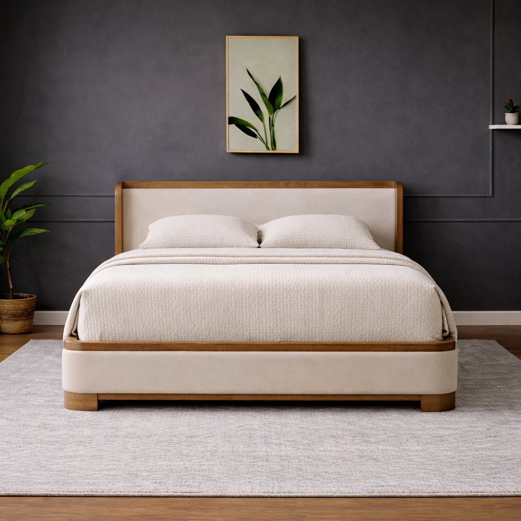 GoShipFurniture Upholstered Platform Bed – Wood Trim, Surround Headboard