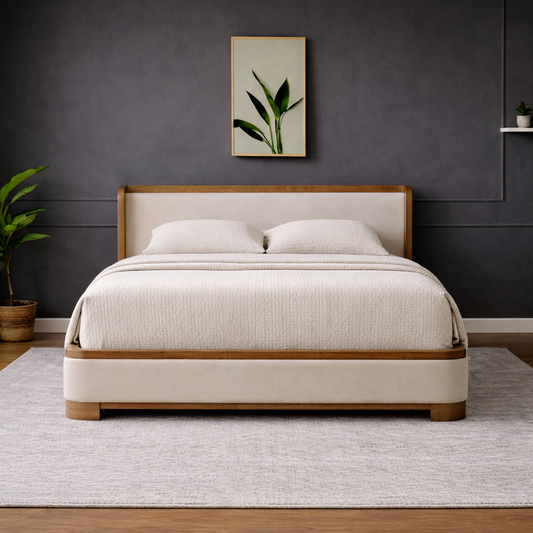 GoShipFurniture Upholstered Platform Bed – Wood Trim, Surround Headboard