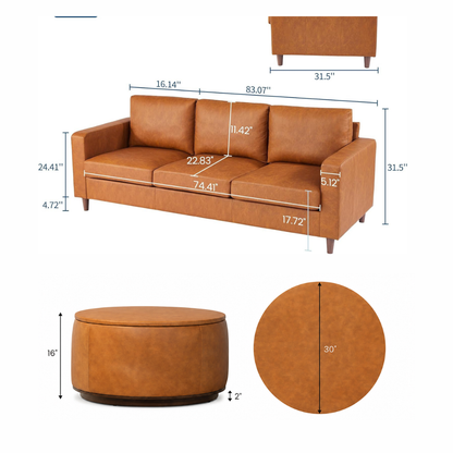 GoShipFurniture Leather Living Room Set – 83" Sofa & Storage Ottoman