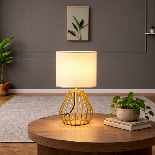 GoShipFurniture 12.6" Gold Table Lamp – White Linen Shade, Modern Bedside & Desk Lamp