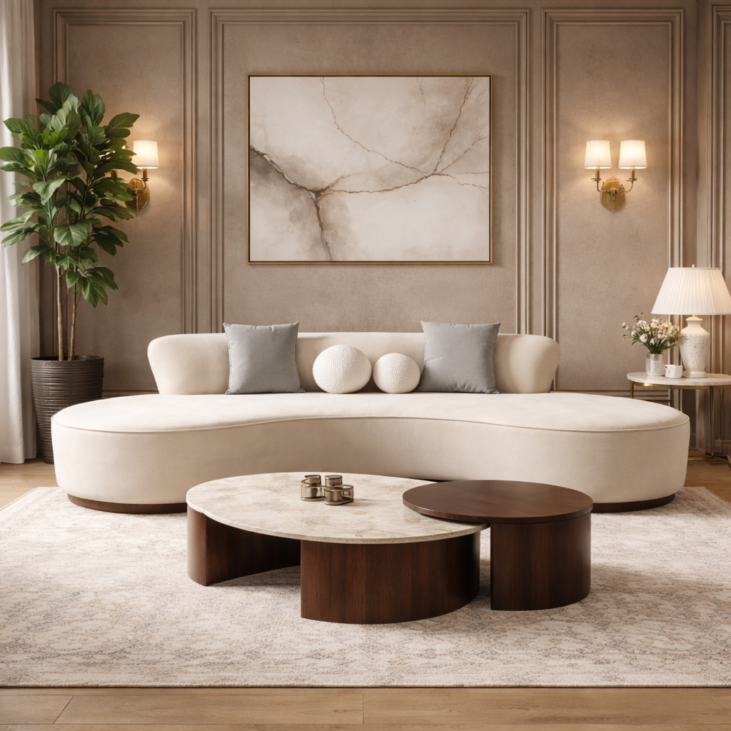 GoShipFurniture Curved Upholstered Sofa – Sculpted Backrest, 10 ft
